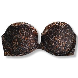 VS Victoria Secret Sexy Black Lace Cheetah Bombshell Strapless Push Up Bra 34DD